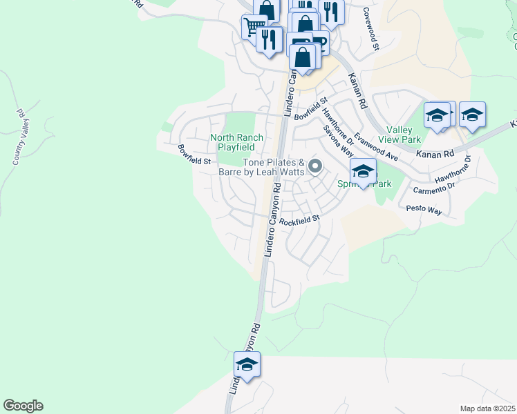 map of restaurants, bars, coffee shops, grocery stores, and more near 5777 Tanner Ridge Avenue in Westlake Village