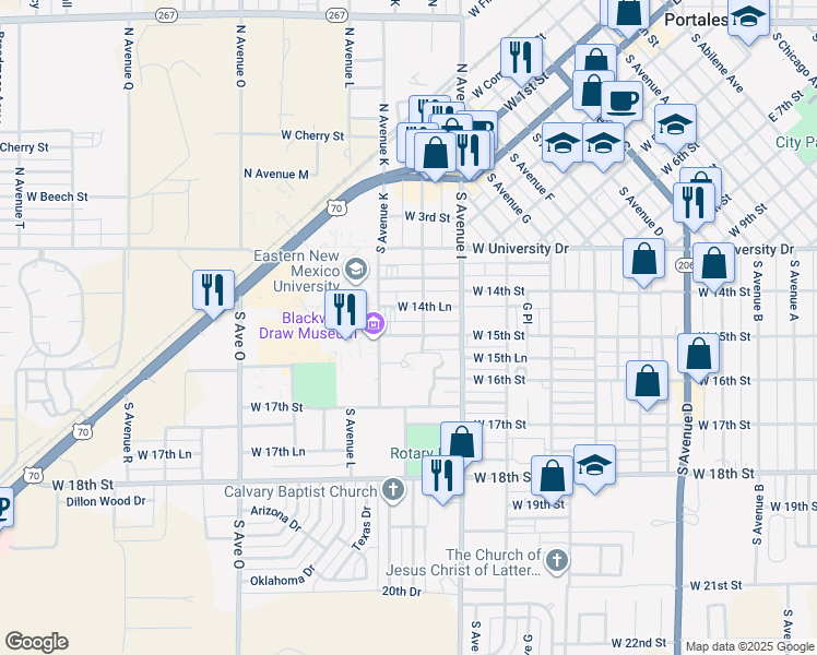 map of restaurants, bars, coffee shops, grocery stores, and more near 1024 West 15th Street in Portales