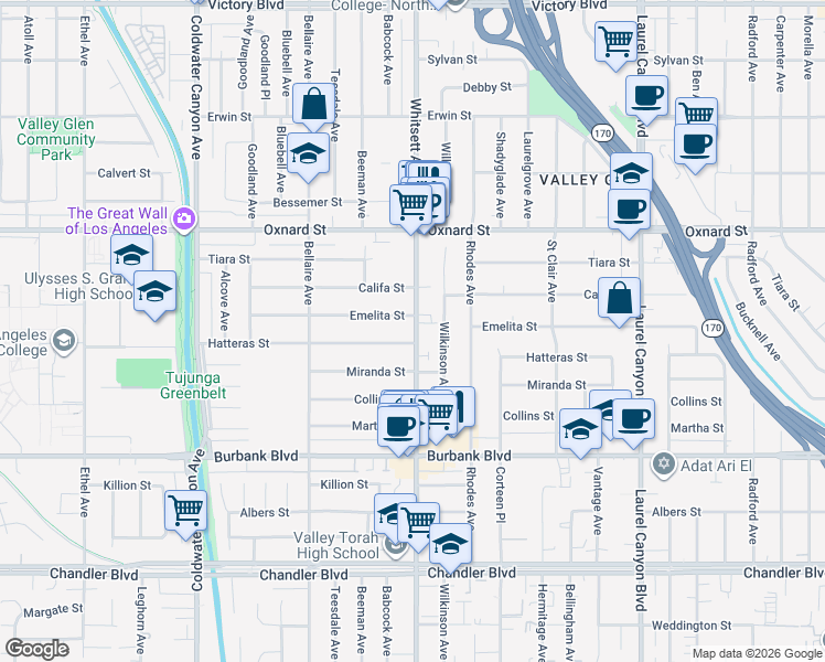 map of restaurants, bars, coffee shops, grocery stores, and more near 5805 Whitsett Avenue in Los Angeles