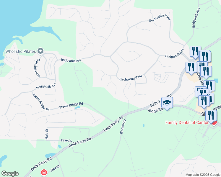 map of restaurants, bars, coffee shops, grocery stores, and more near 612 Redwood Lane in Canton