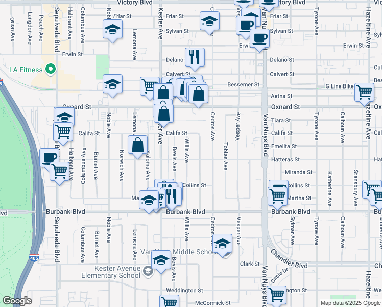 map of restaurants, bars, coffee shops, grocery stores, and more near 5812 Willis Avenue in Los Angeles