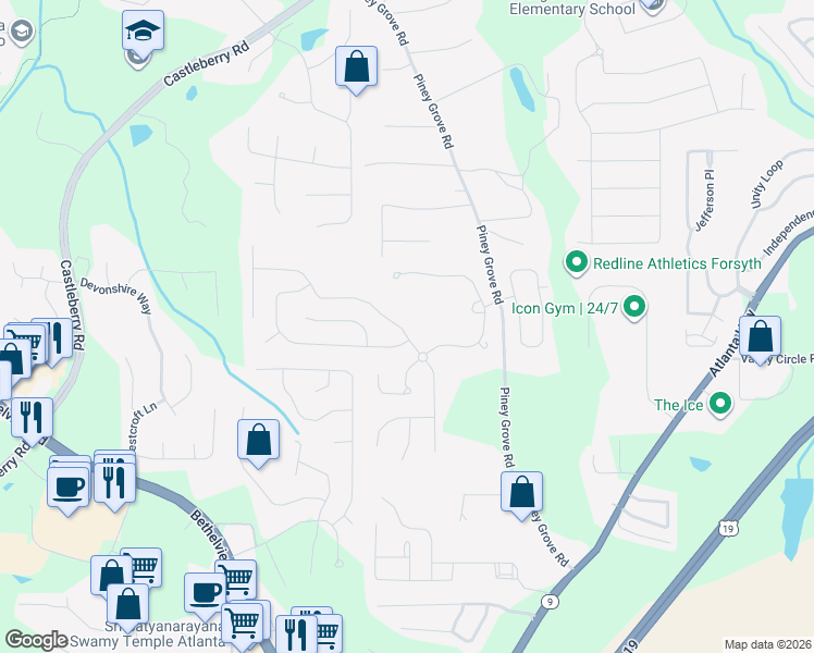 map of restaurants, bars, coffee shops, grocery stores, and more near 5530 Crestwick Way in Cumming