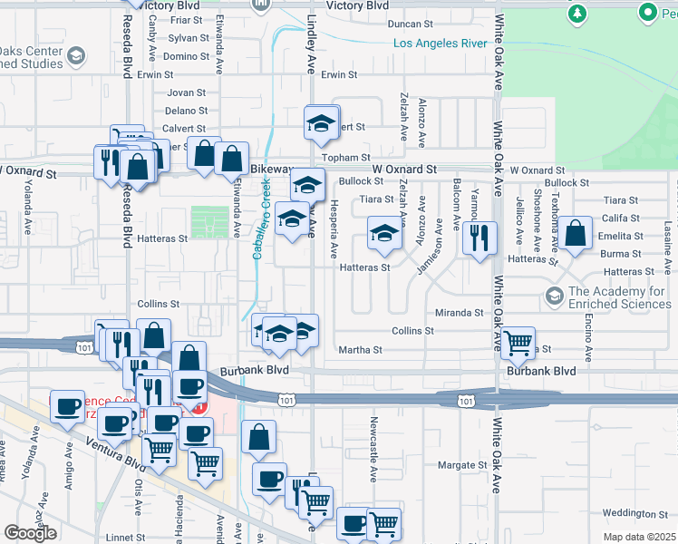 map of restaurants, bars, coffee shops, grocery stores, and more near 5782 Hesperia Avenue in Los Angeles