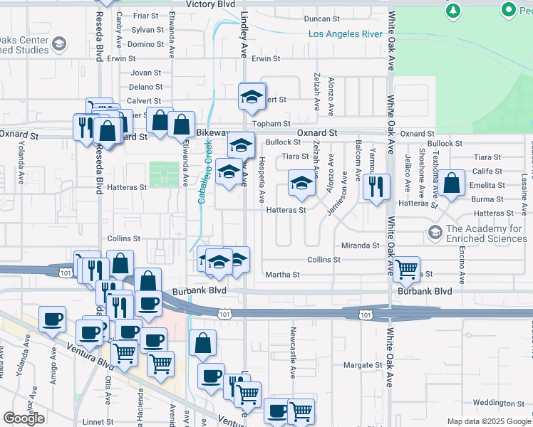 map of restaurants, bars, coffee shops, grocery stores, and more near 5782 Hesperia Avenue in Los Angeles