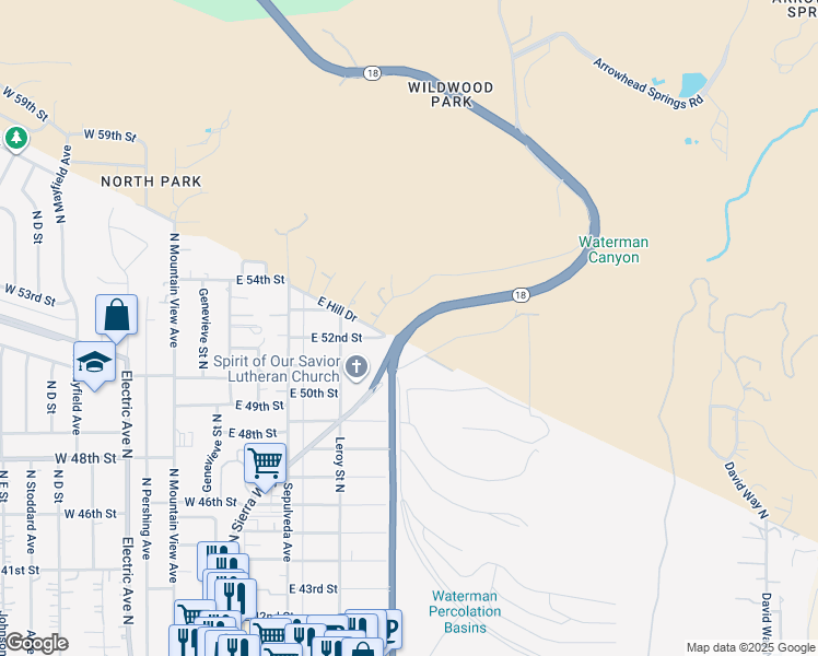 map of restaurants, bars, coffee shops, grocery stores, and more near 1078 Rim of the World Highway in San Bernardino