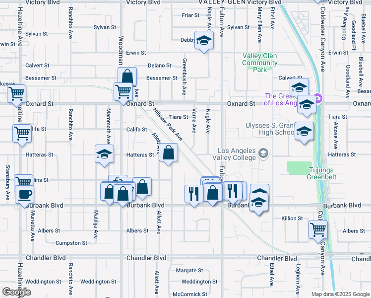 map of restaurants, bars, coffee shops, grocery stores, and more near 5825 Hillview Park Avenue in Los Angeles
