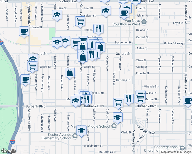map of restaurants, bars, coffee shops, grocery stores, and more near 5806 Willis Avenue in Los Angeles