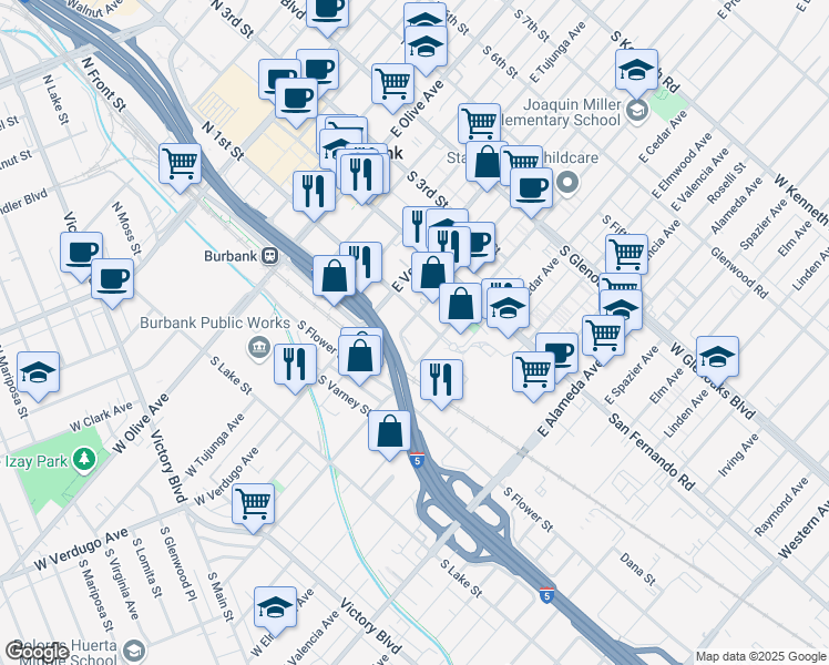 map of restaurants, bars, coffee shops, grocery stores, and more near 52 East Santa Anita Avenue in Burbank