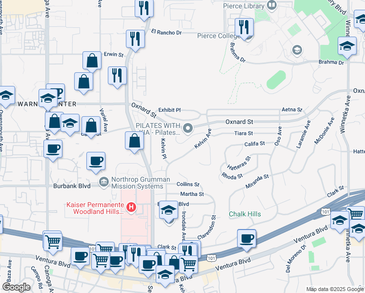 map of restaurants, bars, coffee shops, grocery stores, and more near 20836 Tiara Street in Los Angeles