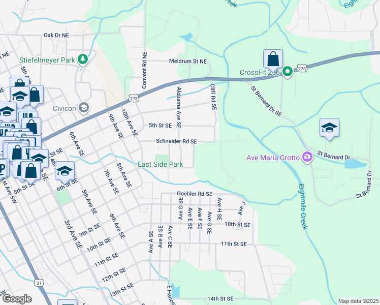 map of restaurants, bars, coffee shops, grocery stores, and more near 613 Avenue East Southeast in Cullman