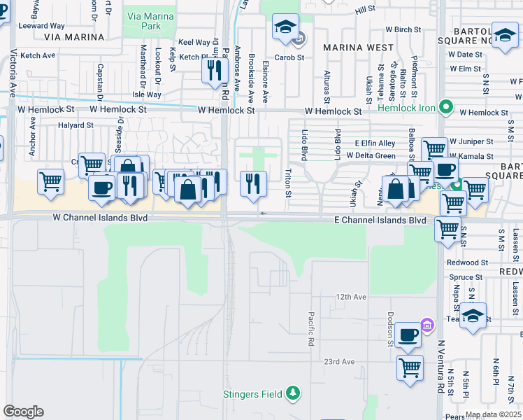 map of restaurants, bars, coffee shops, grocery stores, and more near 2414 Bolker Drive in Port Hueneme