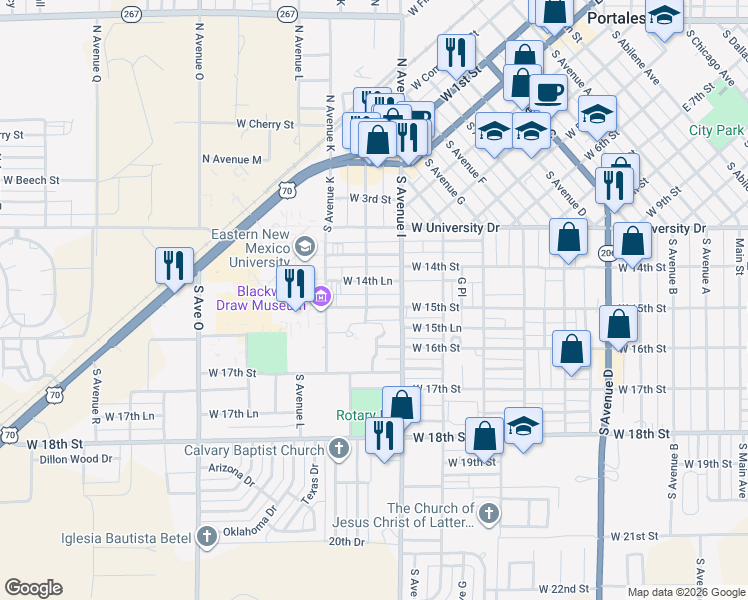 map of restaurants, bars, coffee shops, grocery stores, and more near 1020 West 15th Street in Portales