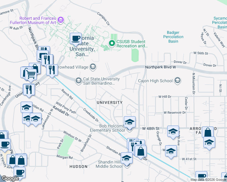 map of restaurants, bars, coffee shops, grocery stores, and more near 1419 Northstar Street in San Bernardino
