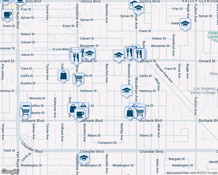 map of restaurants, bars, coffee shops, grocery stores, and more near 5810 Ranchito Avenue in Los Angeles
