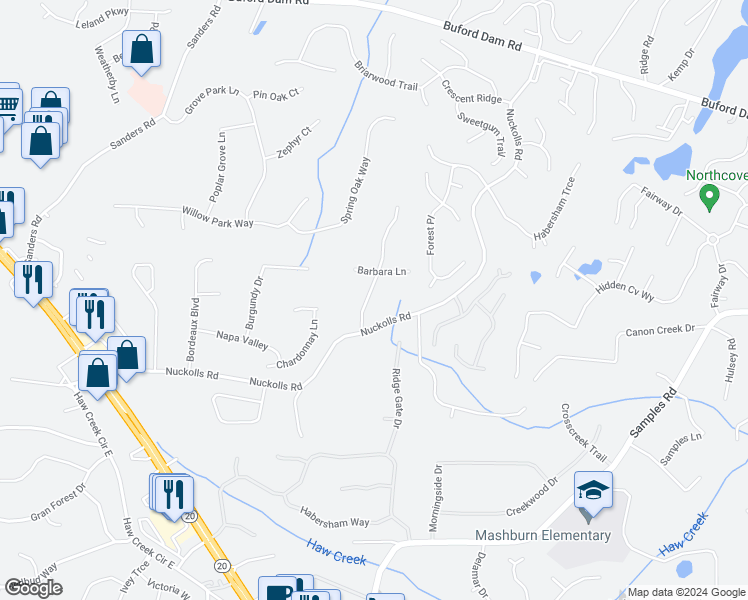 map of restaurants, bars, coffee shops, grocery stores, and more near 2430 Virginia Heights Drive in Cumming