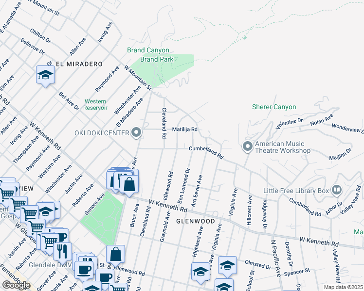 map of restaurants, bars, coffee shops, grocery stores, and more near 881 Cumberland Road in Glendale
