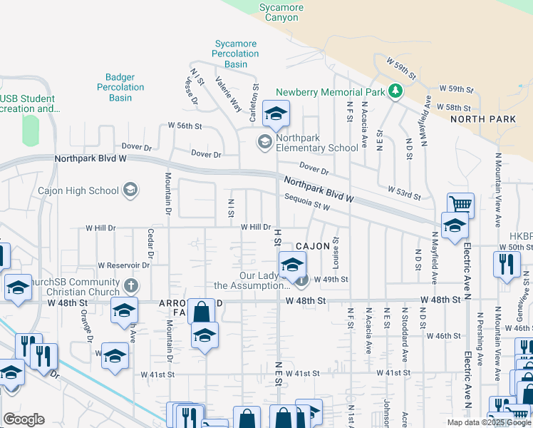 map of restaurants, bars, coffee shops, grocery stores, and more near 5235 Yosemite Drive in San Bernardino