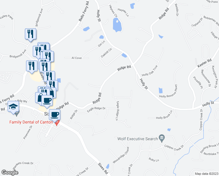 map of restaurants, bars, coffee shops, grocery stores, and more near 421 Eagle Ridge Trail in Canton