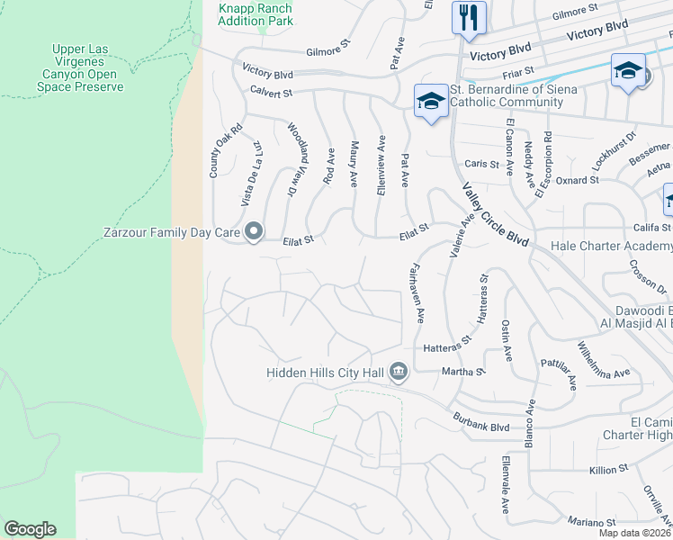 map of restaurants, bars, coffee shops, grocery stores, and more near 6049 John Muir Road in Hidden Hills