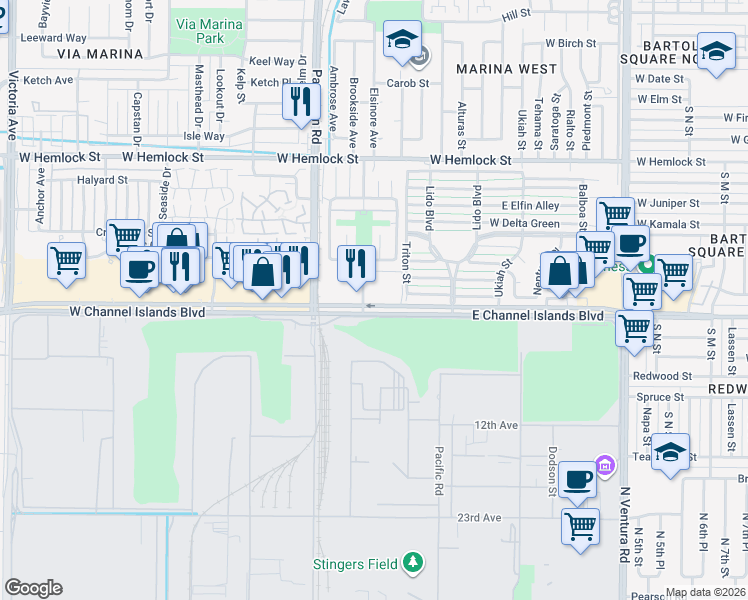 map of restaurants, bars, coffee shops, grocery stores, and more near 267 West Channel Islands Boulevard in Port Hueneme