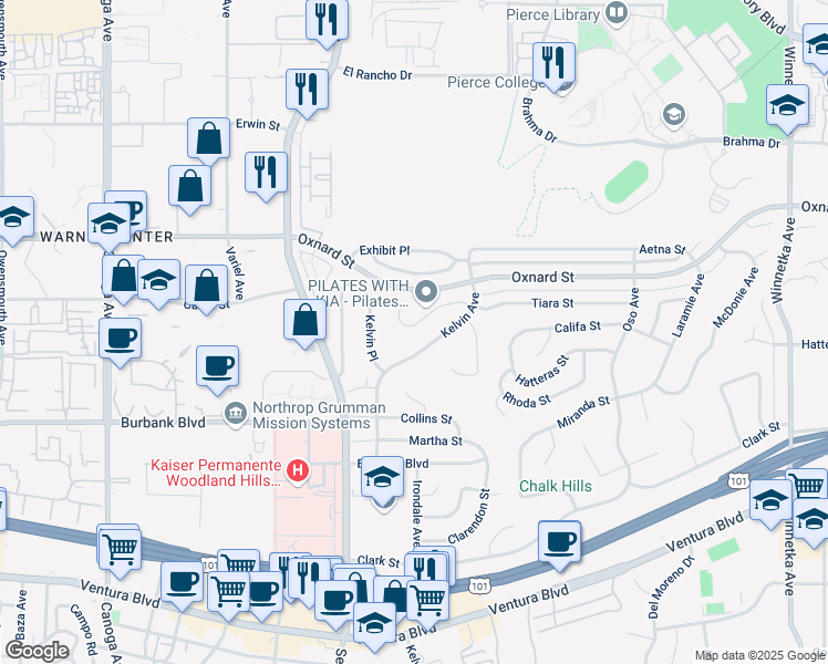 map of restaurants, bars, coffee shops, grocery stores, and more near 20836 Tiara Street in Los Angeles