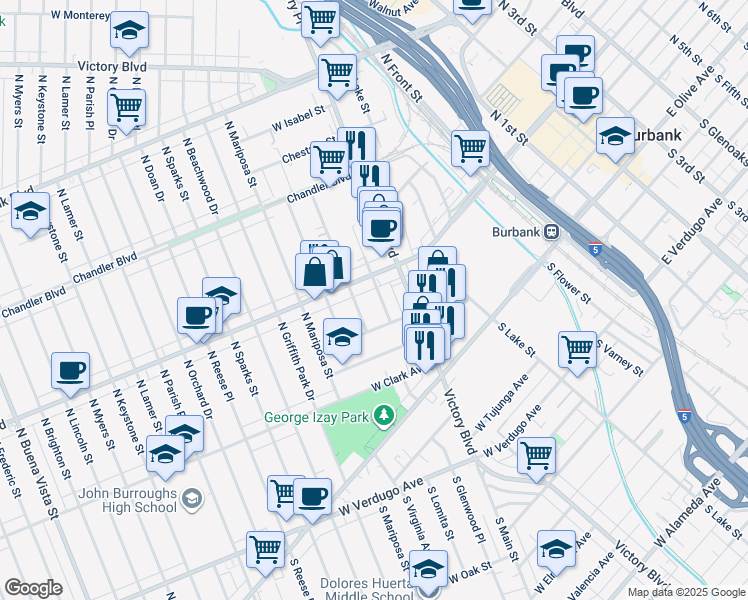 map of restaurants, bars, coffee shops, grocery stores, and more near 325 North Glenwood Place in Burbank