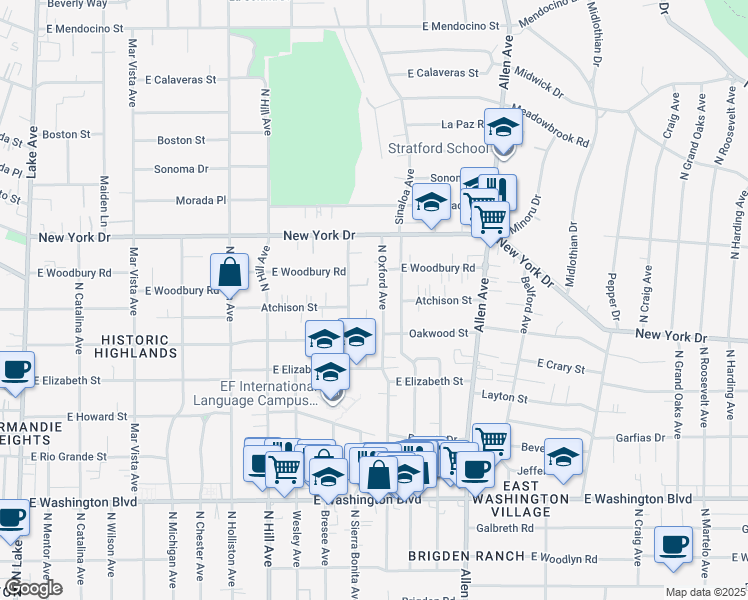 map of restaurants, bars, coffee shops, grocery stores, and more near 1736 North Sierra Bonita Avenue in Pasadena