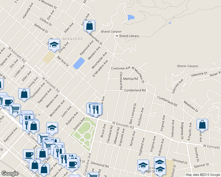 map of restaurants, bars, coffee shops, grocery stores, and more near 1616 Grandview Avenue in Glendale