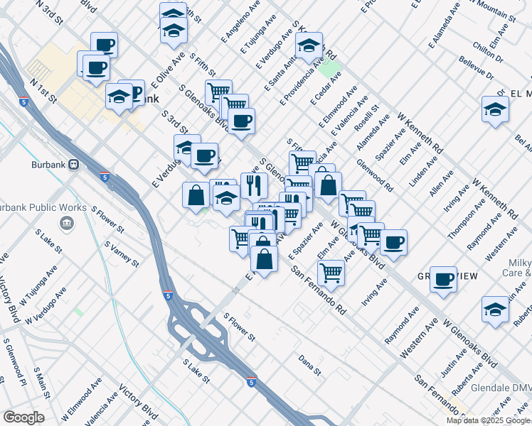 map of restaurants, bars, coffee shops, grocery stores, and more near 221 East Valencia Avenue in Burbank
