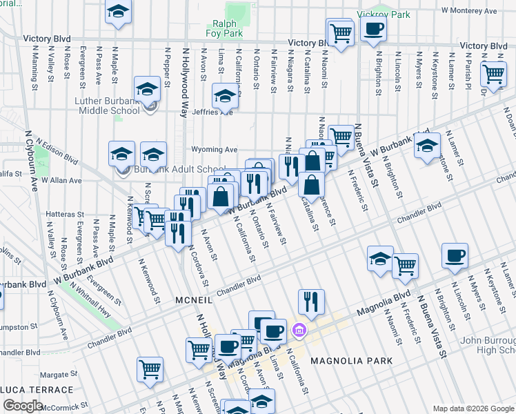 map of restaurants, bars, coffee shops, grocery stores, and more near 1231 North Fairview Street in Burbank