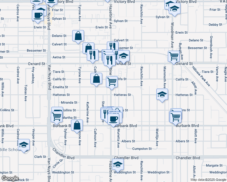 map of restaurants, bars, coffee shops, grocery stores, and more near 5809 Hazeltine Avenue in Los Angeles