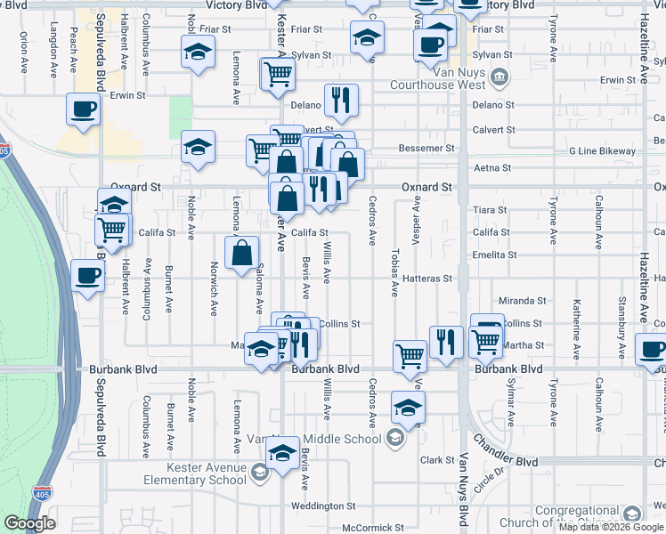 map of restaurants, bars, coffee shops, grocery stores, and more near 5806 Willis Avenue in Los Angeles