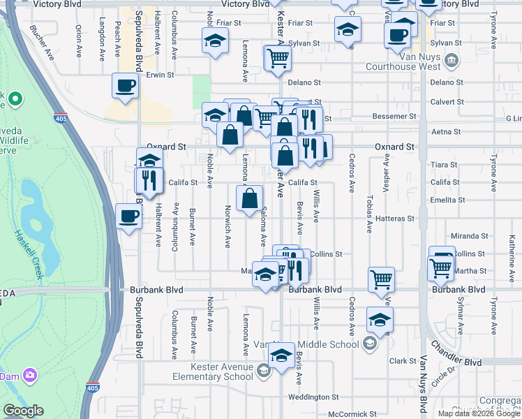 map of restaurants, bars, coffee shops, grocery stores, and more near 5801 Kester Avenue in Los Angeles