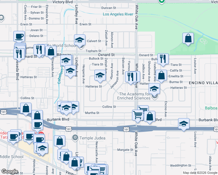 map of restaurants, bars, coffee shops, grocery stores, and more near 5755 Jamieson Avenue in Los Angeles