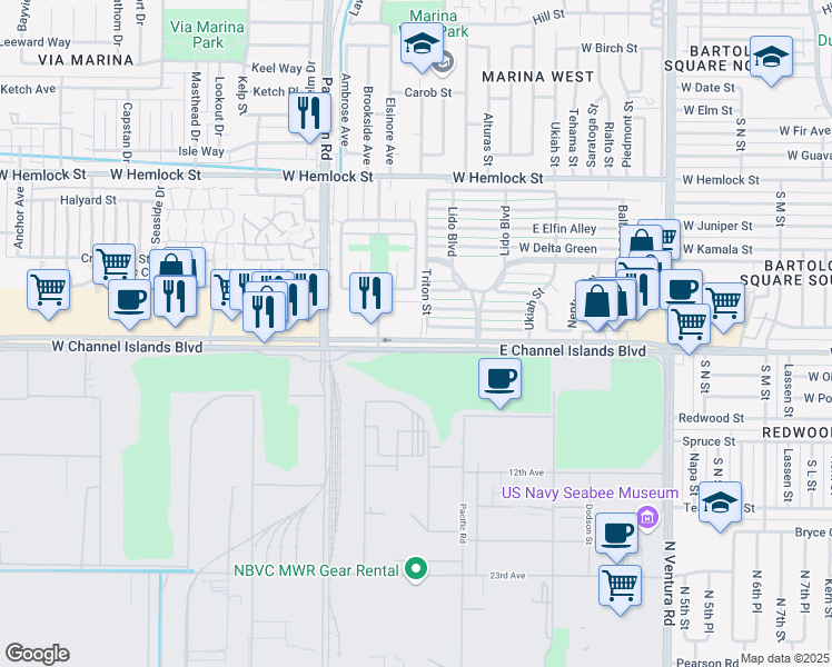 map of restaurants, bars, coffee shops, grocery stores, and more near 271 West Channel Islands Boulevard in Port Hueneme