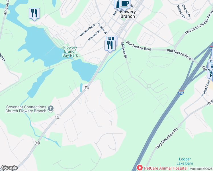 map of restaurants, bars, coffee shops, grocery stores, and more near 5637 Flowery Way in Flowery Branch