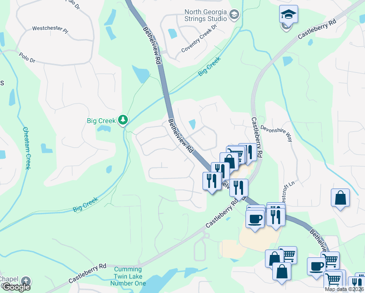 map of restaurants, bars, coffee shops, grocery stores, and more near 5405 Falls Landing Drive in Cumming