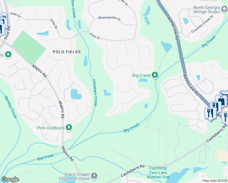 map of restaurants, bars, coffee shops, grocery stores, and more near 6885 Kew Gardens Way in Cumming