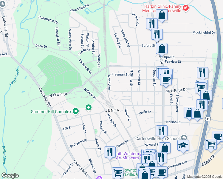 map of restaurants, bars, coffee shops, grocery stores, and more near 2 Martin Luther King Junior Drive in Cartersville