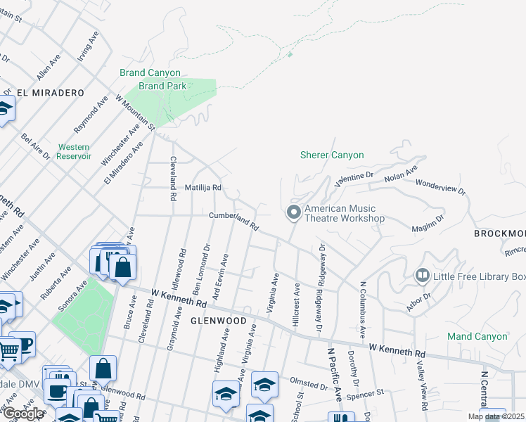 map of restaurants, bars, coffee shops, grocery stores, and more near 1718 Highland Avenue in Glendale