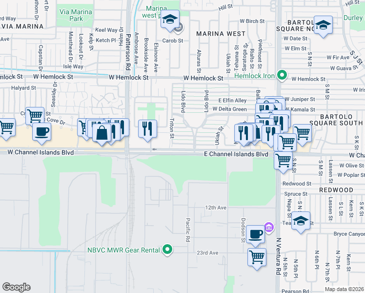 map of restaurants, bars, coffee shops, grocery stores, and more near 141 West Alta Green in Port Hueneme