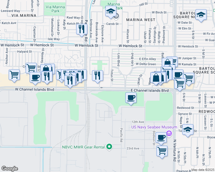 map of restaurants, bars, coffee shops, grocery stores, and more near 209 West Channel Islands Boulevard in Port Hueneme