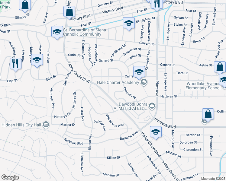 map of restaurants, bars, coffee shops, grocery stores, and more near 5741 Larryan Drive in Los Angeles