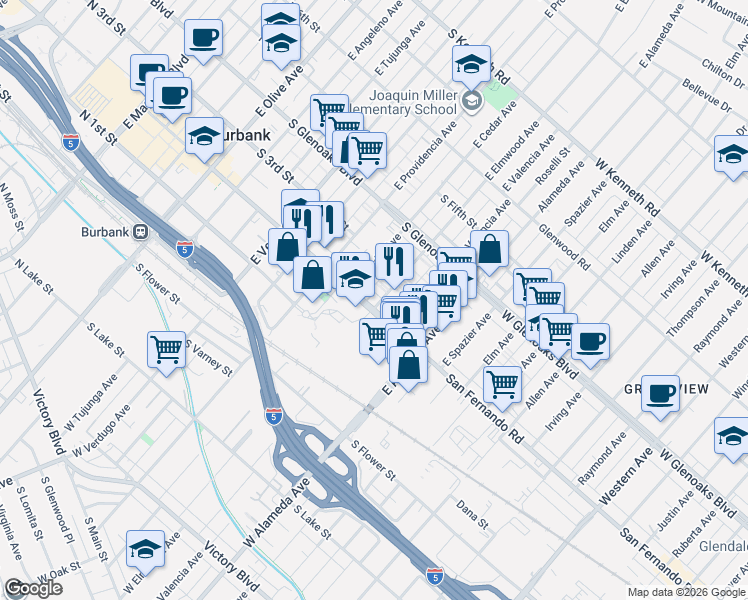 map of restaurants, bars, coffee shops, grocery stores, and more near 750 South San Fernando Boulevard in Burbank