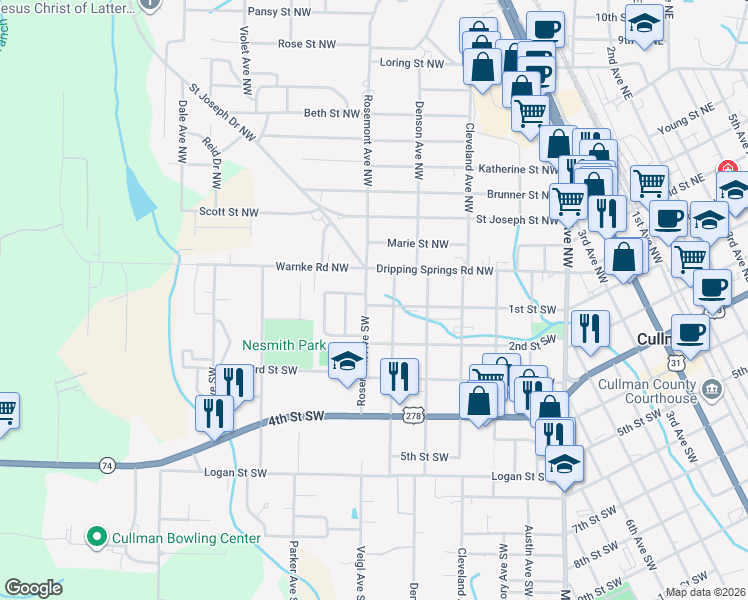 map of restaurants, bars, coffee shops, grocery stores, and more near 1509 1st Street Southwest in Cullman