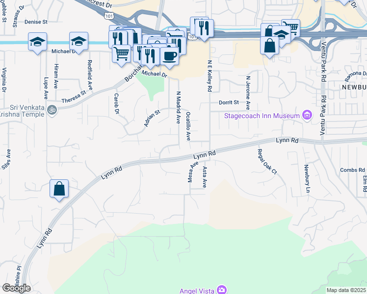 map of restaurants, bars, coffee shops, grocery stores, and more near 58 South Madrid Avenue in Thousand Oaks