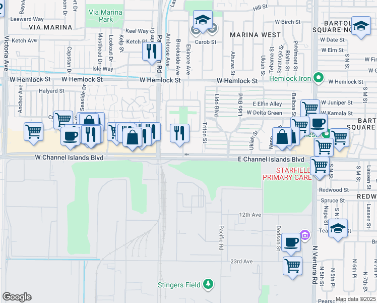 map of restaurants, bars, coffee shops, grocery stores, and more near 267 West Channel Islands Boulevard in Port Hueneme