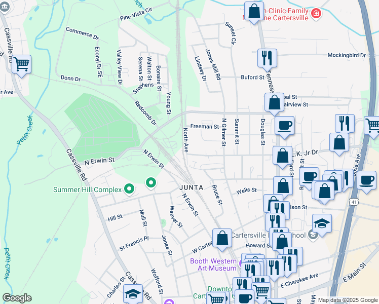 map of restaurants, bars, coffee shops, grocery stores, and more near 2 Martin Luther King Junior Drive in Cartersville