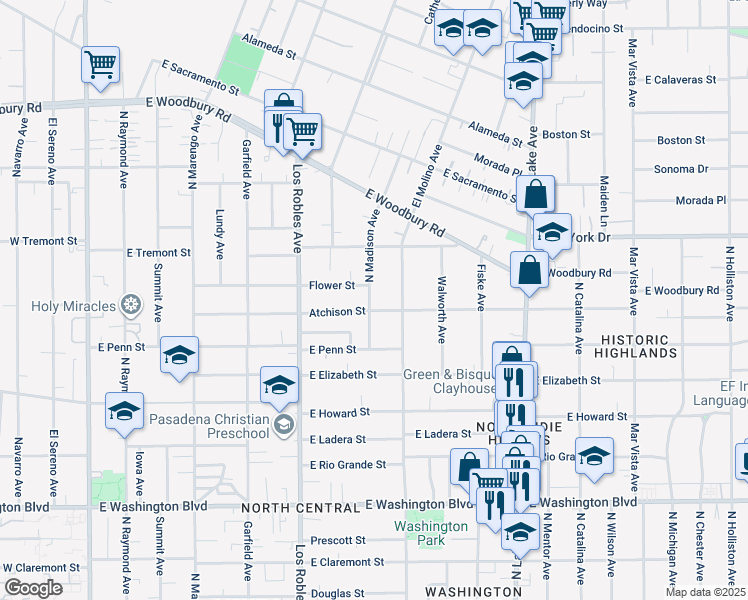 map of restaurants, bars, coffee shops, grocery stores, and more near 1766 North Madison Avenue in Pasadena