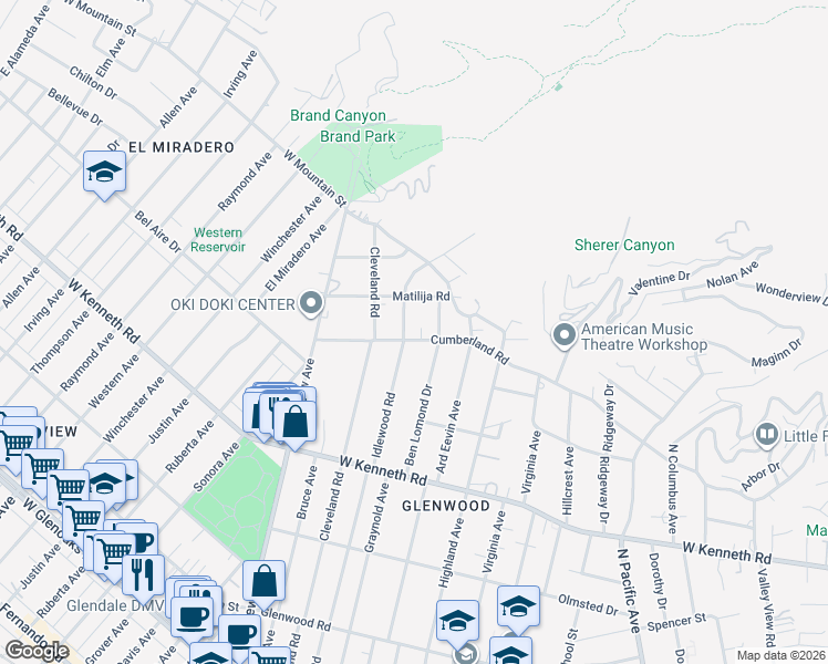 map of restaurants, bars, coffee shops, grocery stores, and more near 881 Cumberland Road in Glendale
